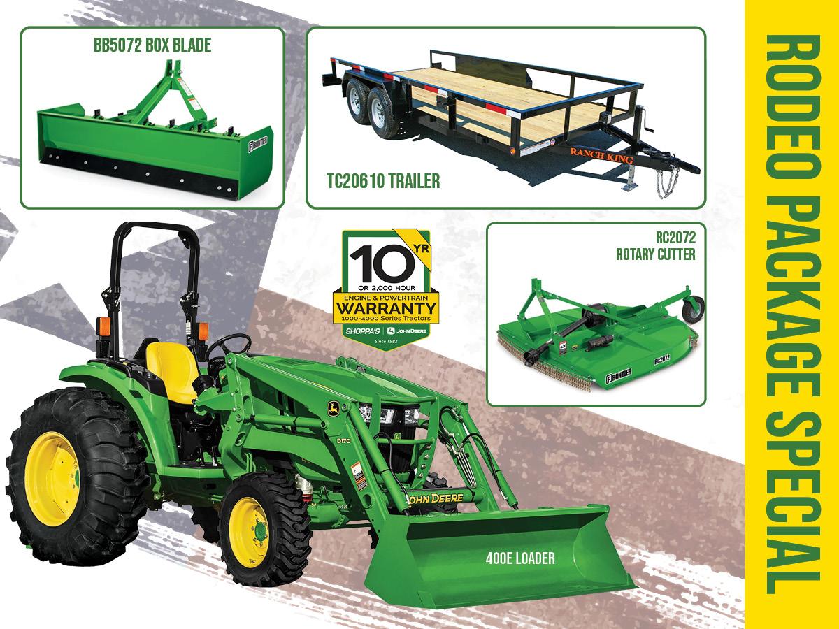 4044M COMPACT UTILITY TRACTOR PACKAGE WITH 400E LOADER + ROTARY CUTTER + BOX BLADE + TRAILER – $515 MONTHLY