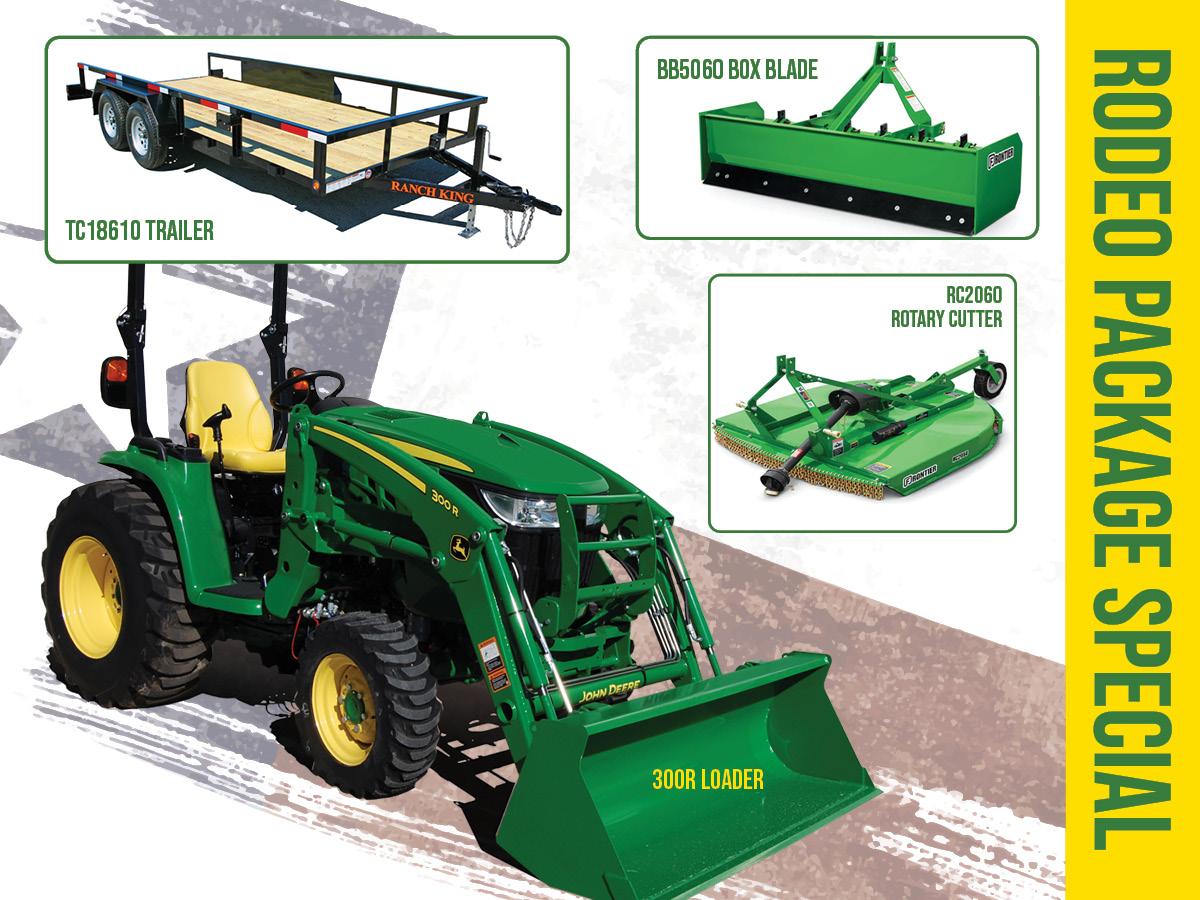 3039R COMPACT UTILITY TRACTOR PACKAGE WITH 300R LOADER + ROTARY CUTTER + BOX BLADE + TRAILER – $436 MONTHLY