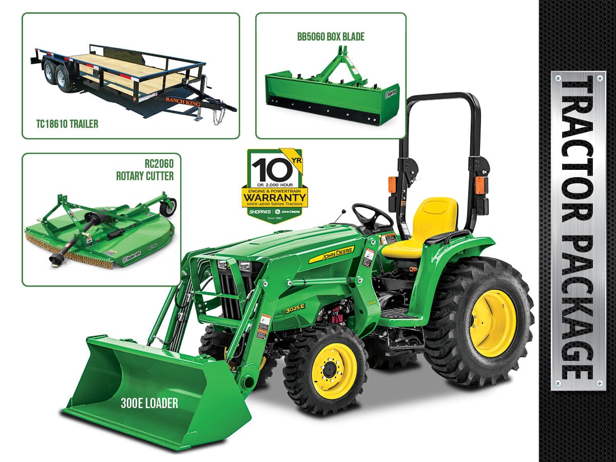 3025E COMPACT UTILITY TRACTOR PACKAGE 300E LOADER + 18' TRAILER
