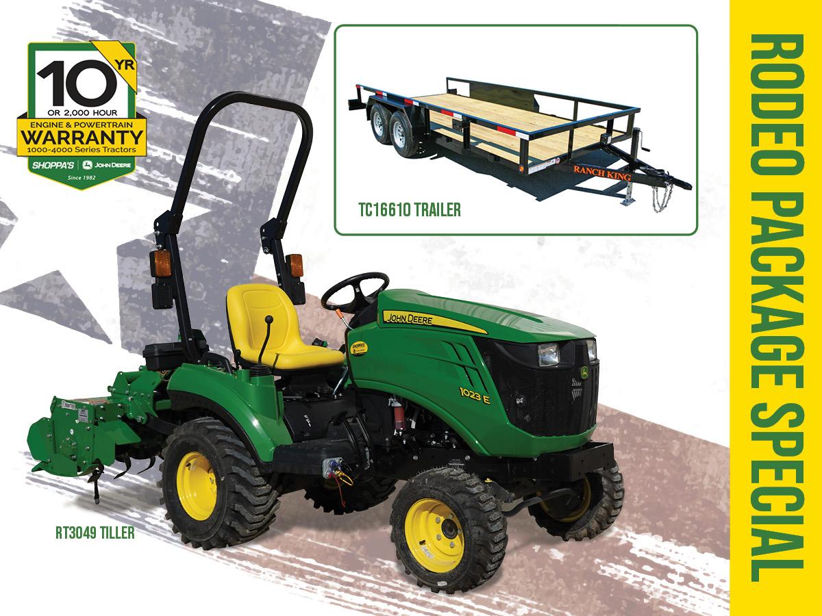1023E SUB-COMPACT TRACTOR PACKAGE: RT3049 TILLER + TRAILER – $252 MONTHLY