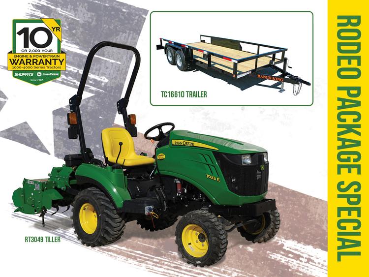 1023E SUB-COMPACT TRACTOR PACKAGE: RT3049 TILLER + TRAILER – $252 MONTHLY