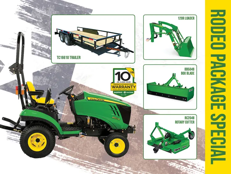1025R SUB COMPACT TRACTOR PACKAGE: 120R LOADER + ROTARY CUTTER + BOX BLADE + TRAILER – $333 MONTHLY